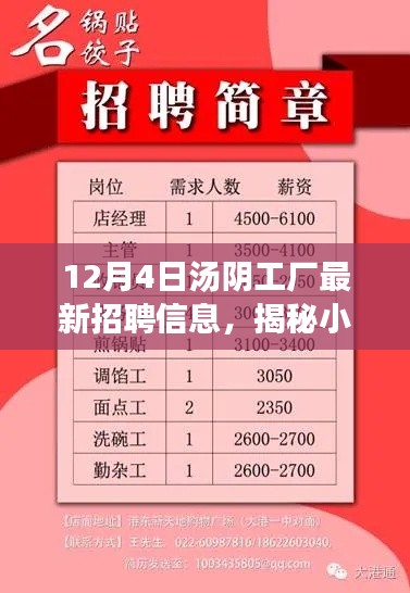 12月4日汤阴工厂最新招聘信息，揭秘小巷深处的宝藏工厂，汤阴工厂最新招聘信息来袭！